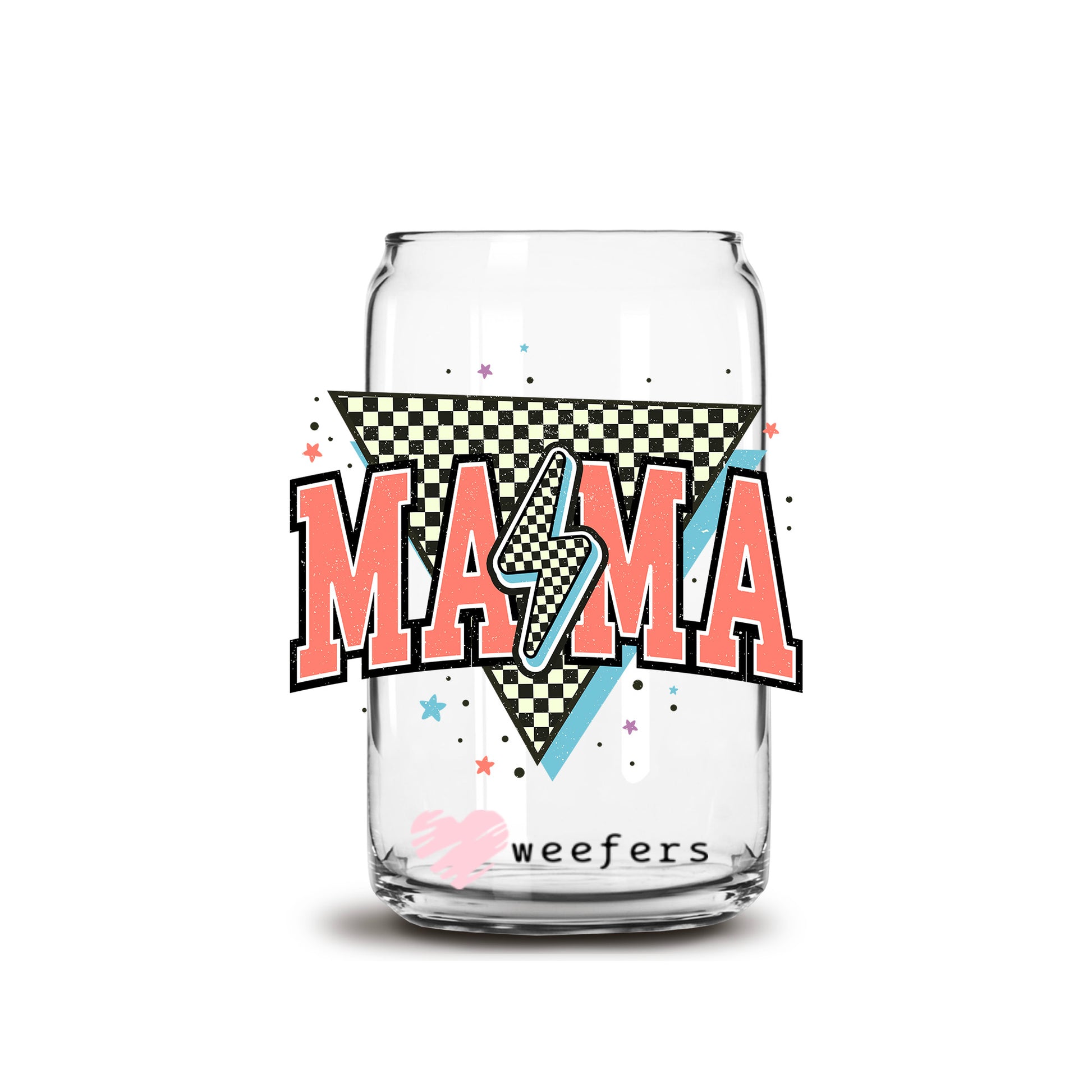 Coral Retro Checkered Mama 16oz Libbey Glass Can UV DTF or Sublimation Wrap Decal Transfer - Weefers