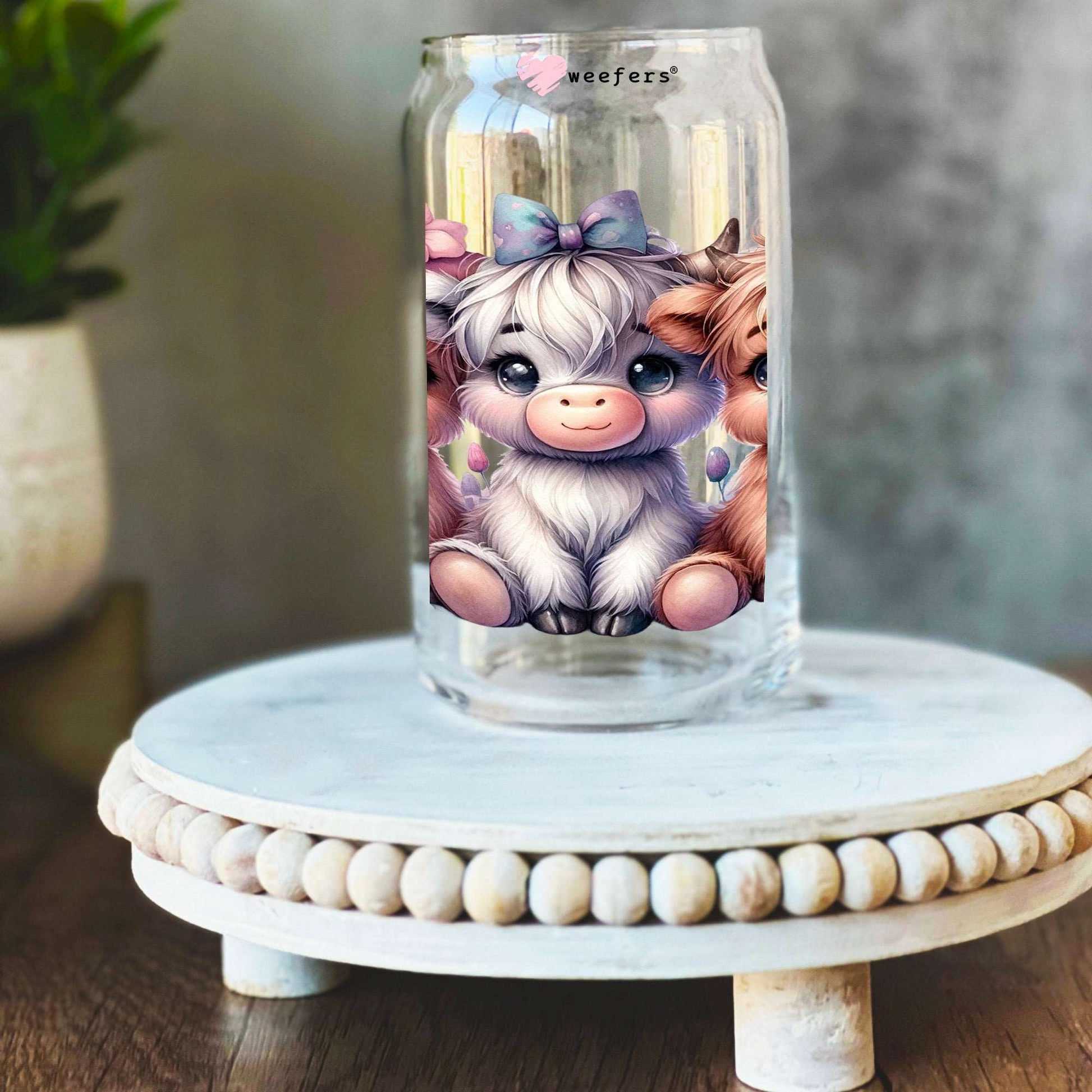 3 Cutie Highland Cow Florals 16oz Libbey Glass Can UV DTF or Sublimation Wrap Transfer - Weefers