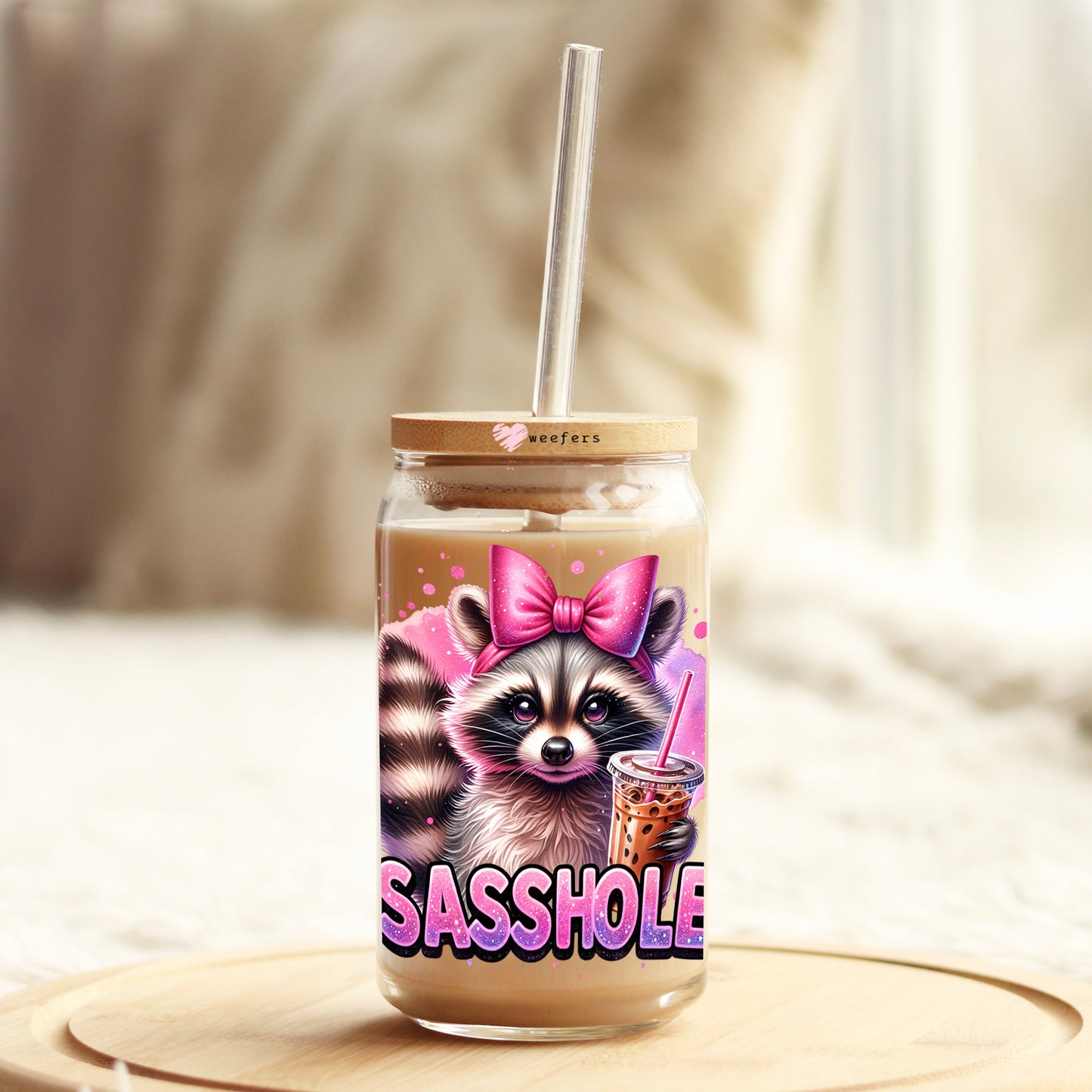 Sasshole Raccoon 16oz Libbey Glass Can UV DTF or Sublimation Decal - Transfer - Weefers