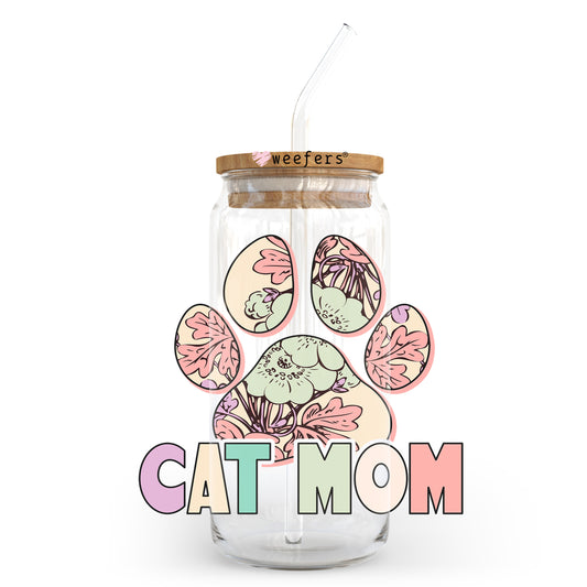 Cat Mom Floral Paw 20oz Libbey Glass Can UV DTF or Sublimation Decal Transfer - Weefers