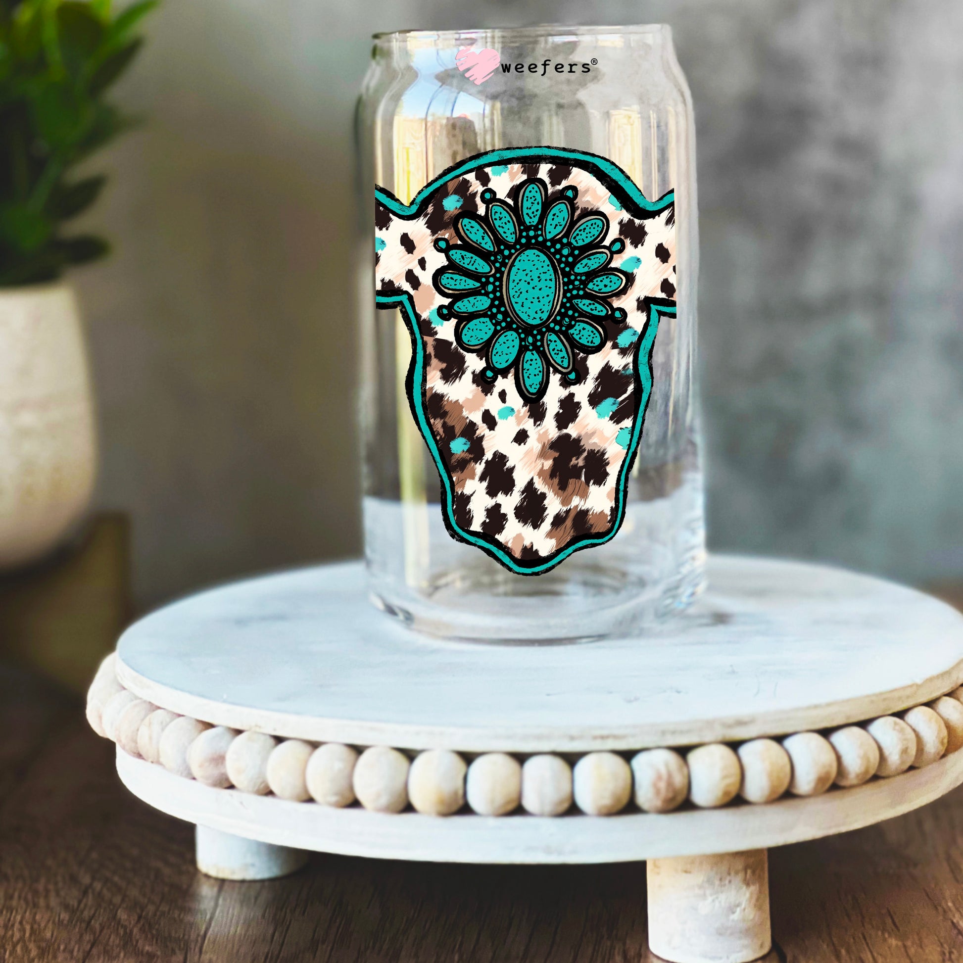 Cow Head Turquoise 16oz Libbey Glass Can UV DTF or Sublimation Wrap Decal Transfer - Weefers