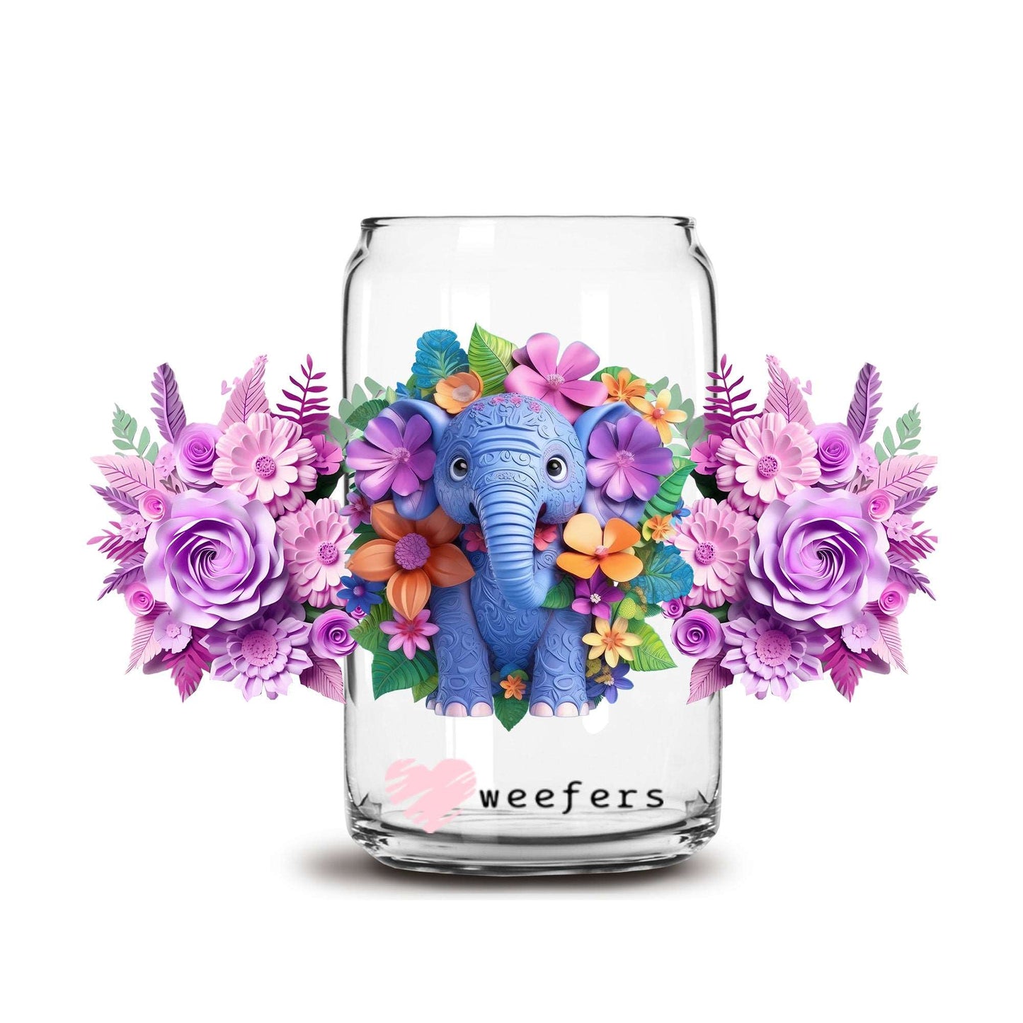 3D Elephant Floral 16oz Libbey Glass Can UV DTF or Sublimation Cup Wrap - Decal Transfer - Weefers