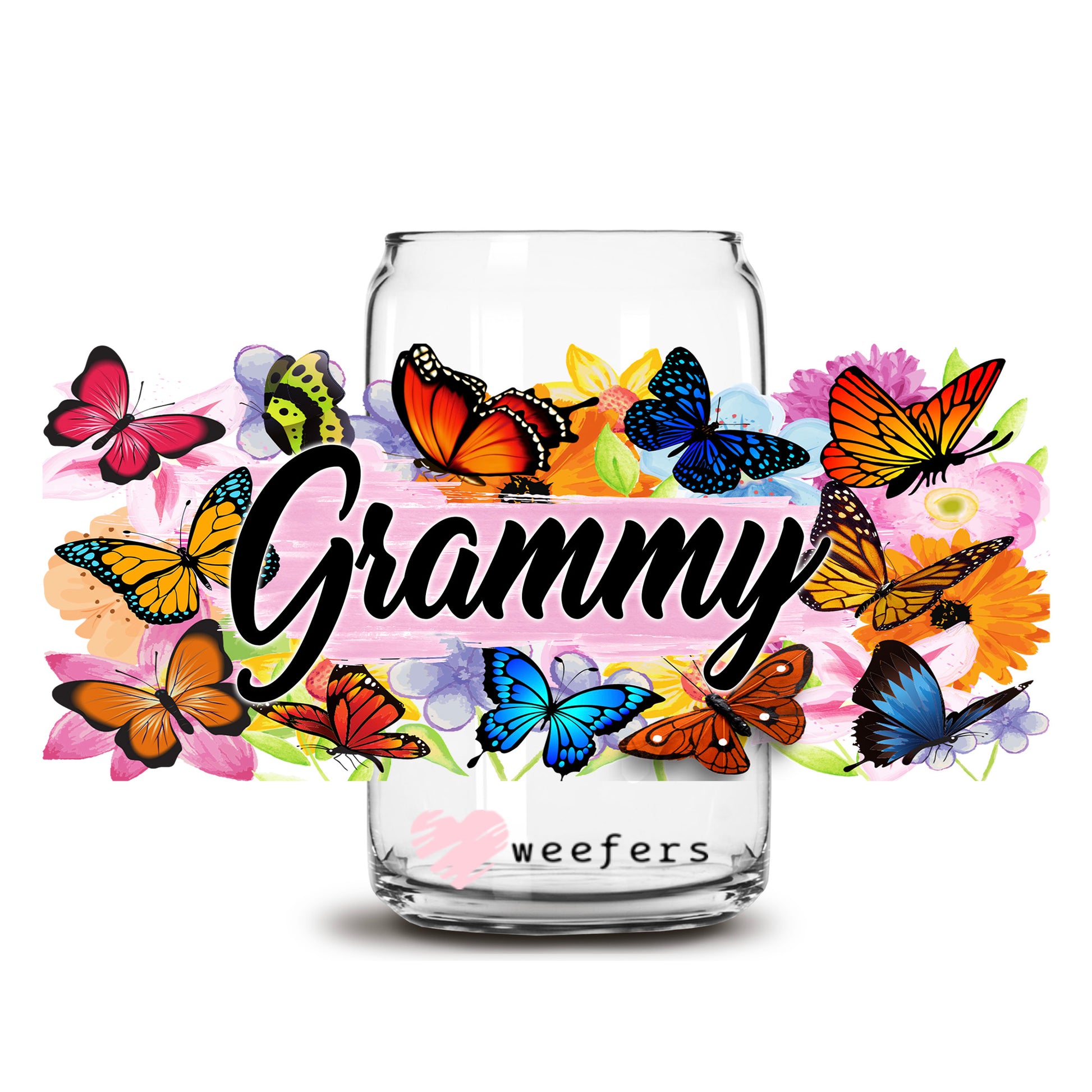 Grammy Colorful Butterflies 16oz Libbey Glass Can UV DTF or Sublimation Wrap Decal Transfer - Weefers