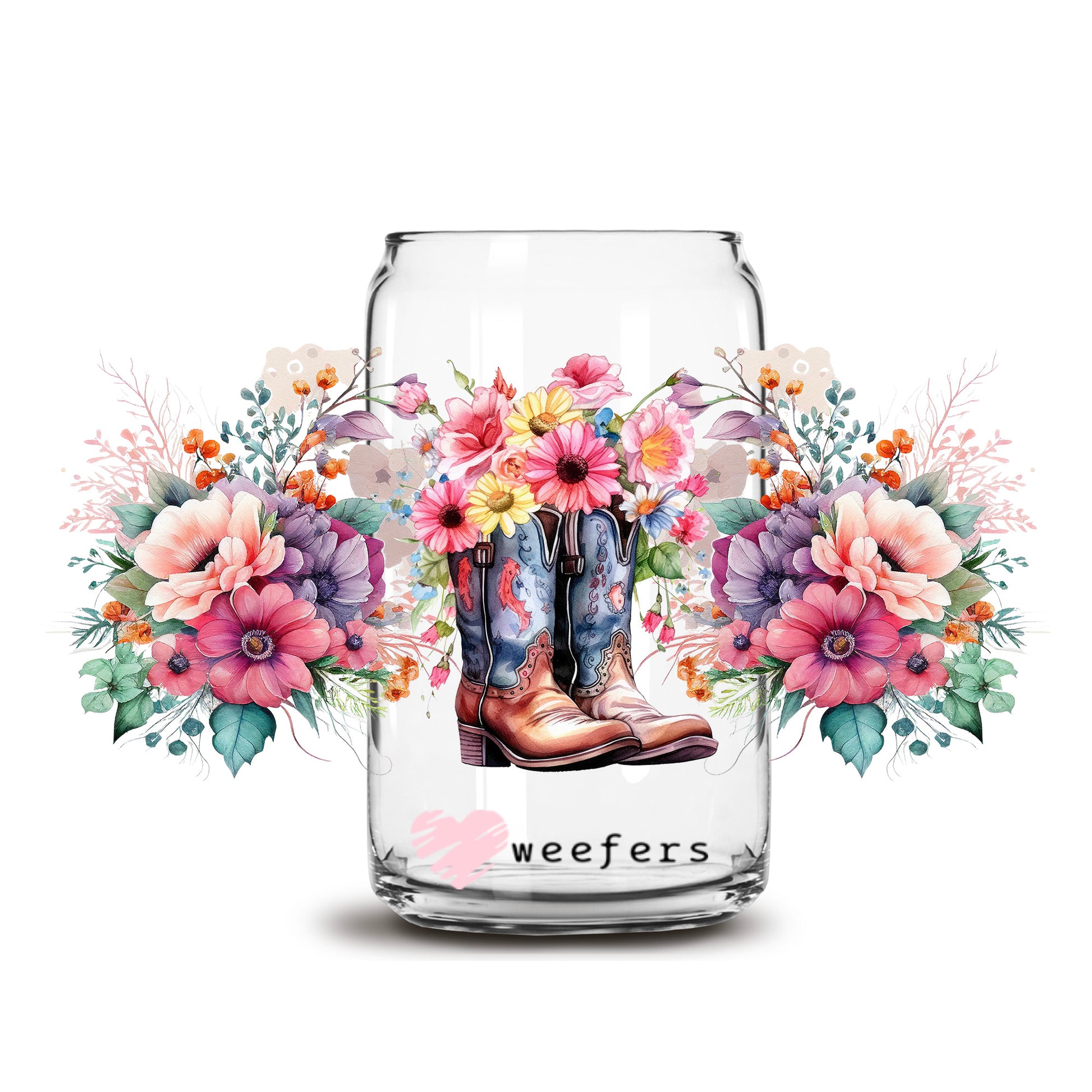 Flower Cowboy Boots 16oz Libbey Glass Can UV DTF or Sublimation Wrap - Transfer - Weefers