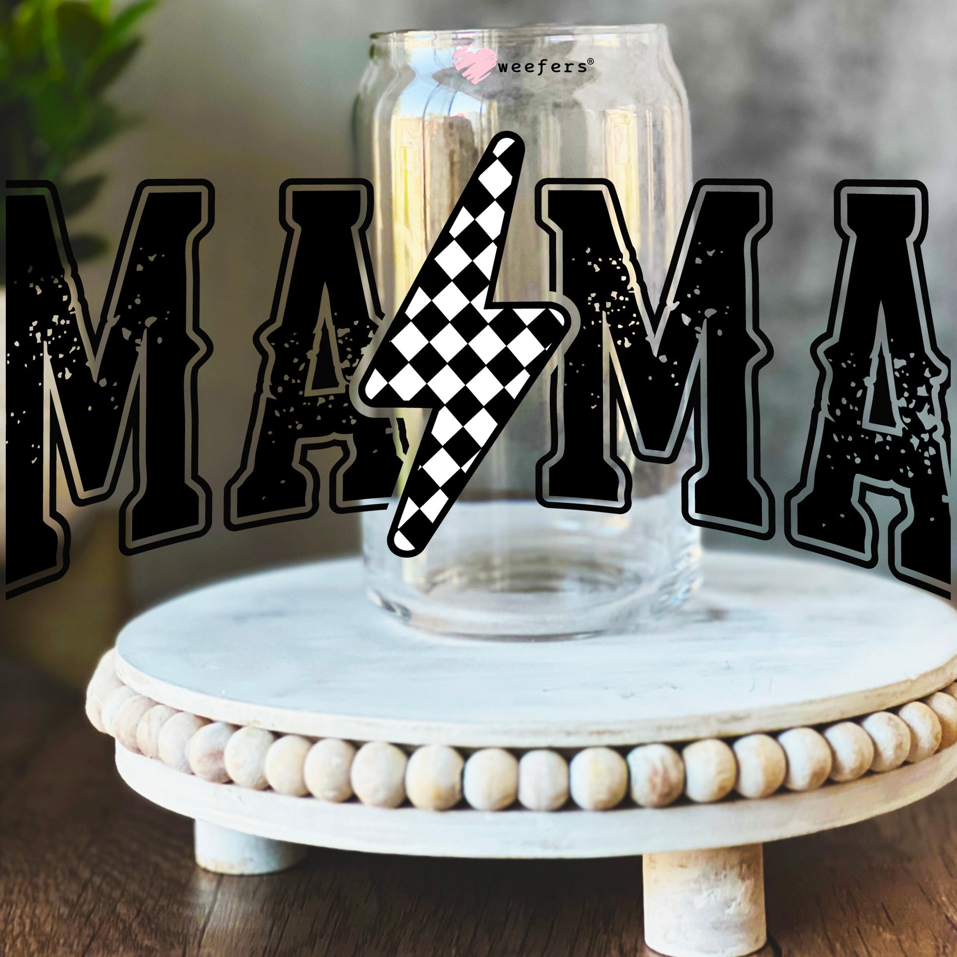 Mama Checkered Lightning Bolt 16oz Libbey Glass Can UV DTF or Sublimation Wrap Decal Transfer - Weefers