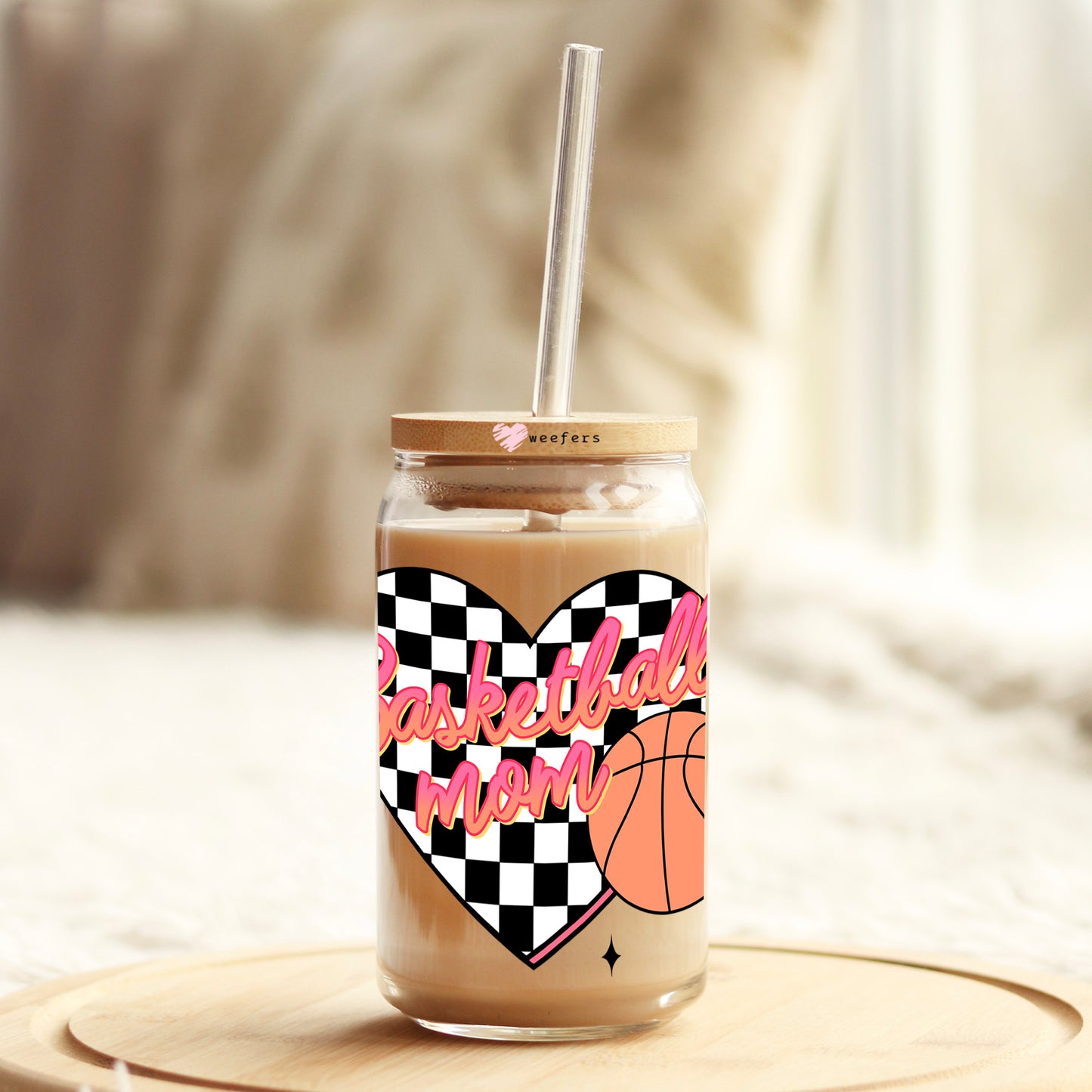 Basketball Mom Black Checkers 16oz Libbey Glass Can UV DTF or Sublimation Wrap Decal Transfer - Weefers