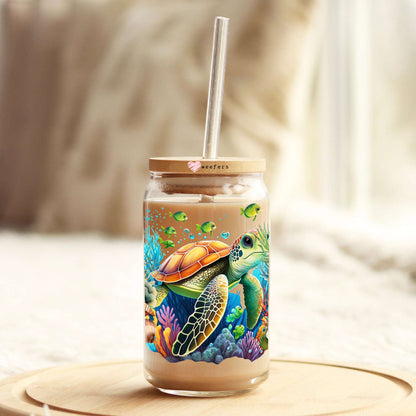 3D Turtle Floral 16oz Libbey Glass Can UV DTF or Sublimation Cup Wrap - Decal Transfer - Weefers