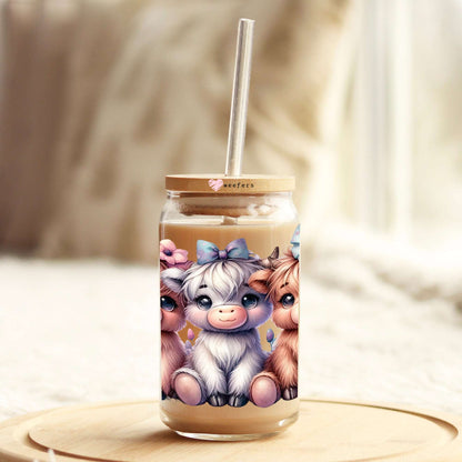 3 Cutie Highland Cow Florals 16oz Libbey Glass Can UV DTF or Sublimation Wrap Transfer - Weefers