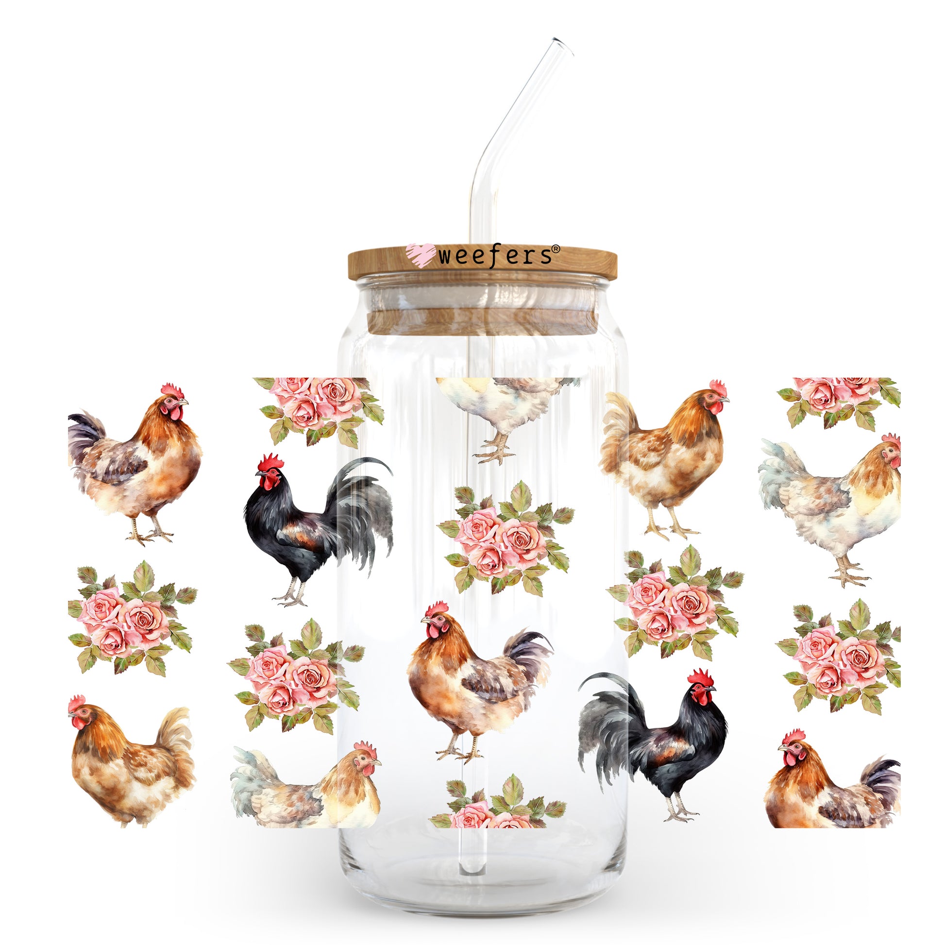 Vintage Roosters and Flowers 20oz Libbey Glass Can UV DTF or Sublimation Wrap - Decal Transfer - Weefers