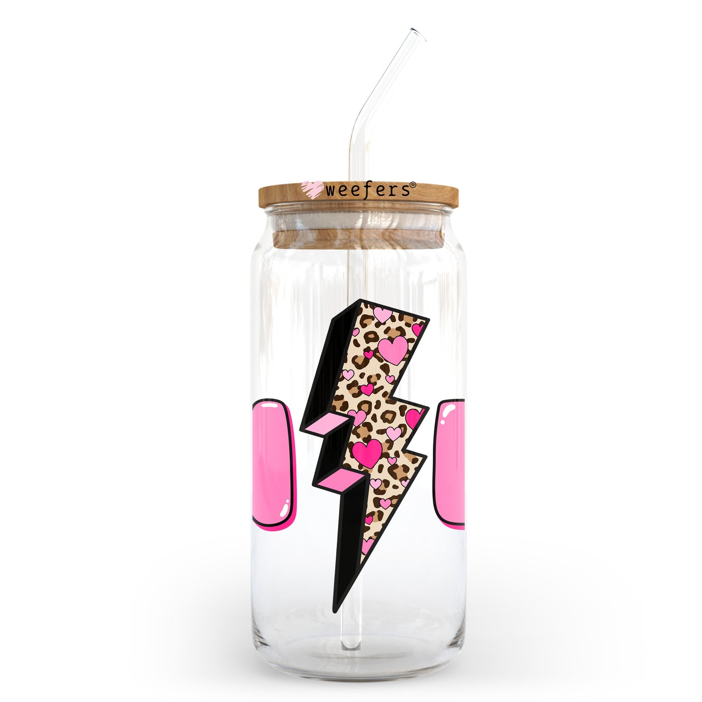 Mini Pink Leopard Lightening Bolt 20oz Libbey Glass Can UV DTF or Sublimation Wrap - Decal Transfer - Weefers