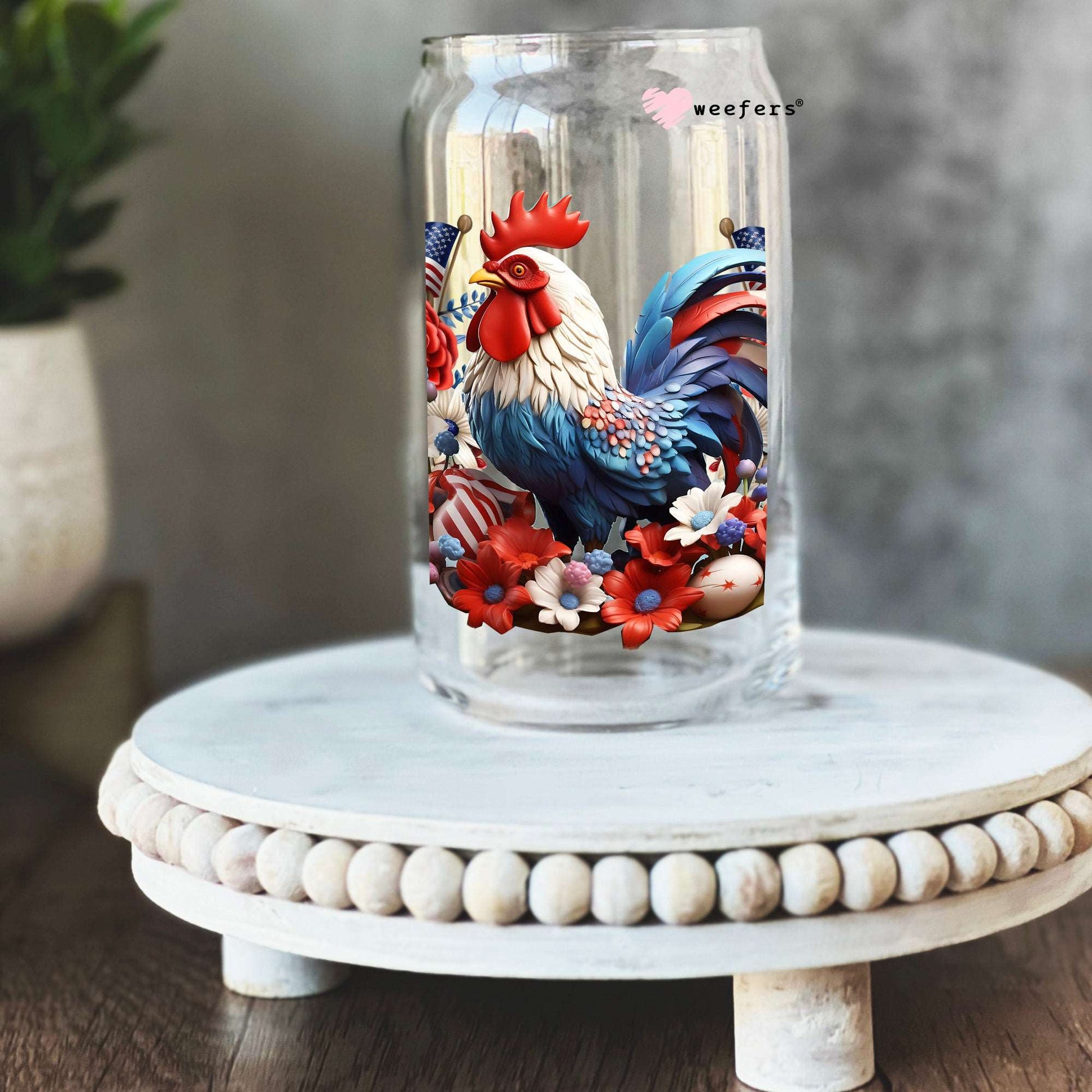 3D Rooster Floral 16oz Libbey Glass Can UV DTF or Sublimation Cup Wrap - Decal Transfer - Weefers