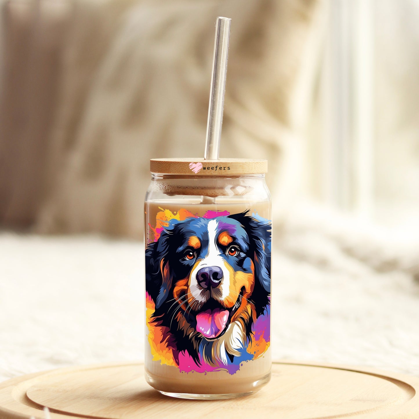 Bernese Mountain Dog Colorful Watercolor 16oz Libbey Glass Can UV DTF or Sublimation Wrap - Decal - Weefers