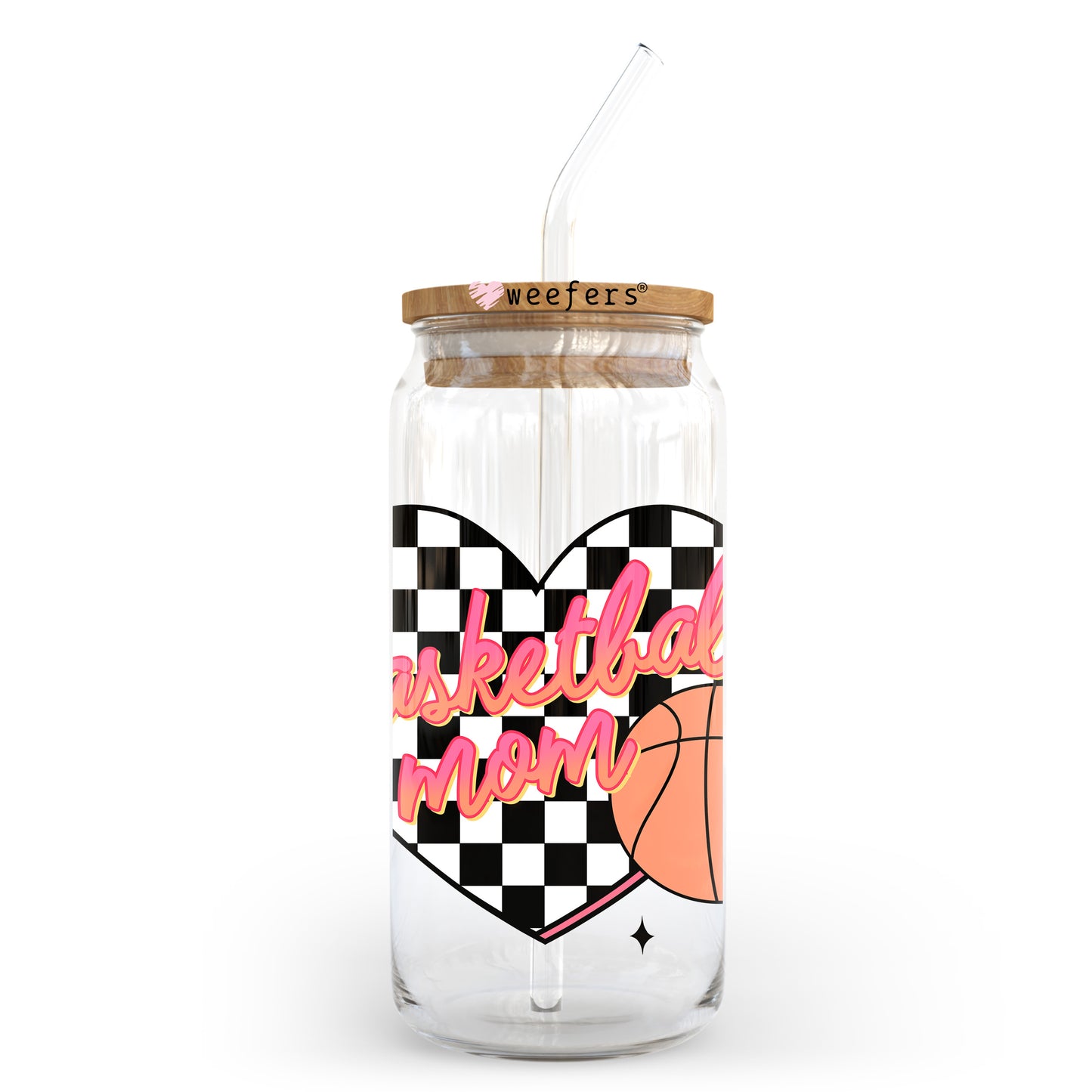 Basketball Mom Heart Checkered 20oz Libbey Glass Can, 34oz Hip Sip, 40oz Tumbler, 24oz Cold Cup UV DTF or Sublimation Decal Transfer - Weefers