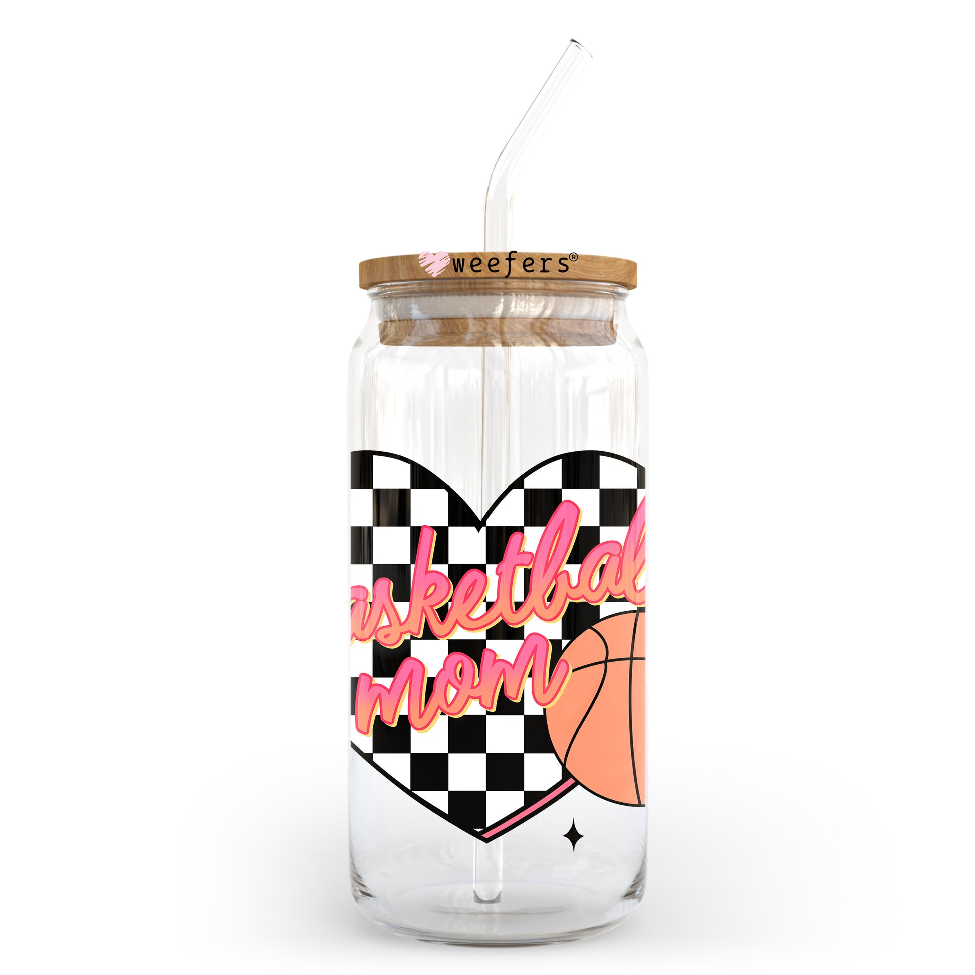 Basketball Mom Heart Checkered 20oz Libbey Glass Can, 34oz Hip Sip, 40oz Tumbler, 24oz Cold Cup UV DTF or Sublimation Decal Transfer - Weefers