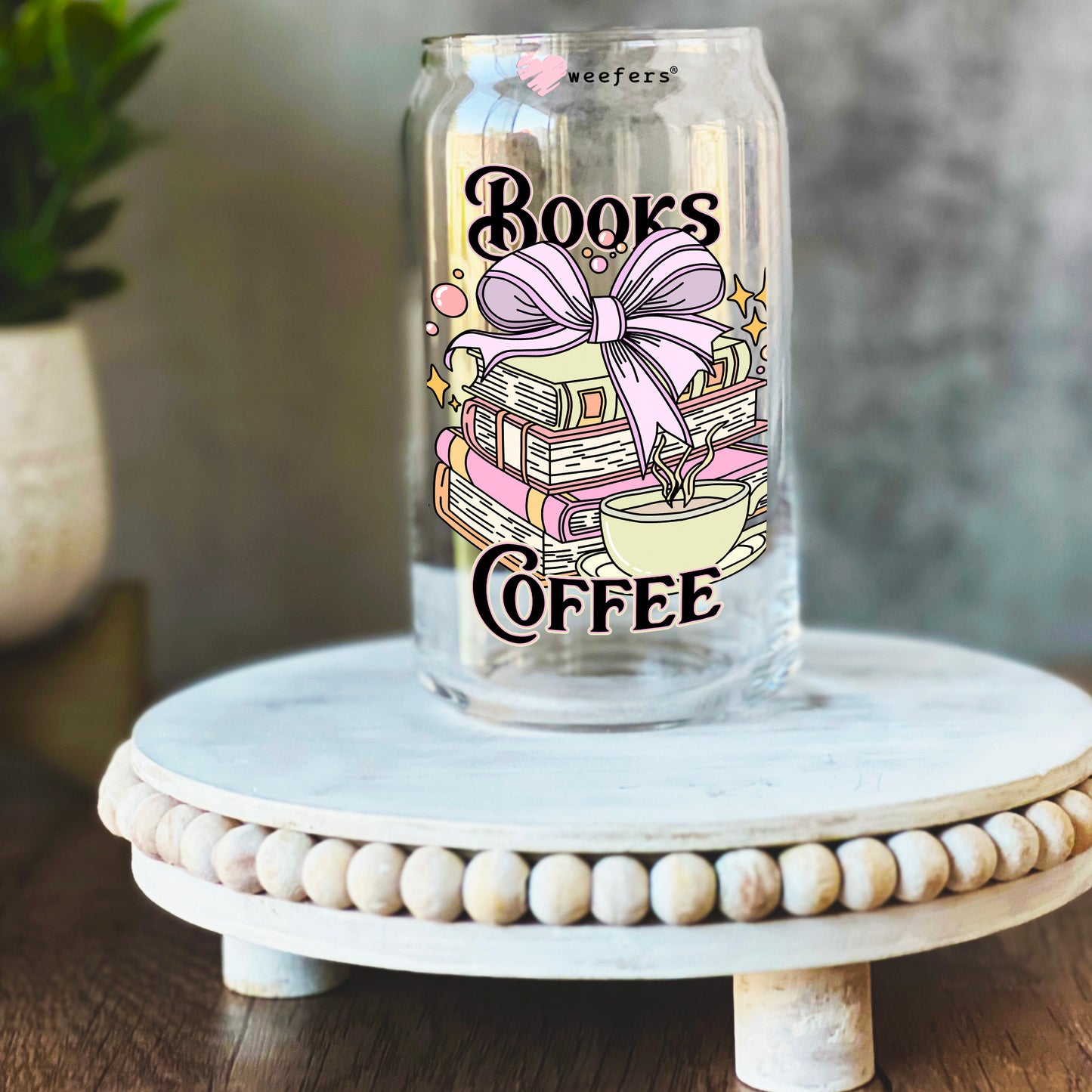 Books Coffee 16oz Libbey Glass Can UV DTF Decal Transfer - Weefers