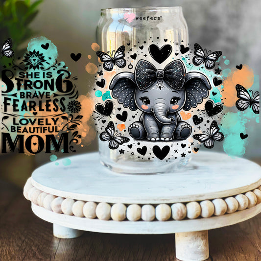 She is Strong Brave Fearless Lovely Beautiful Mom Elephant 16oz Libbey Glass Can UV DTF or Sublimation Wrap Decal Transfer - Weefers