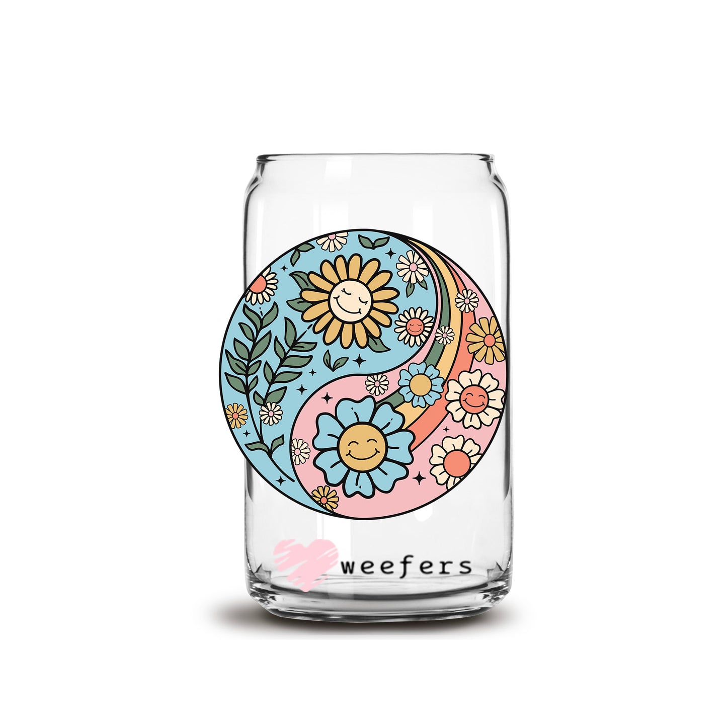 Yin And Yang Flowers 16oz Libbey Glass Can UV DTF or Sublimation Wrap Decal Transfer - Weefers