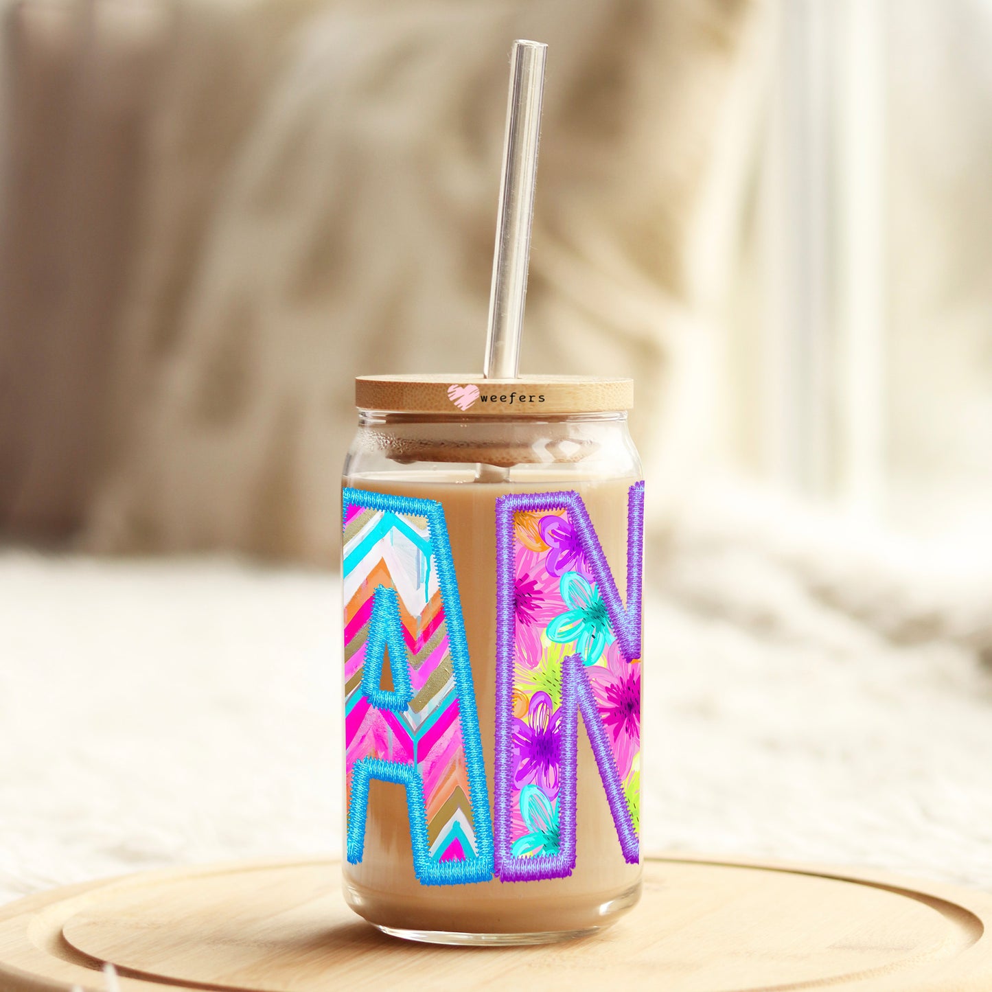 Colorful Faux Embroidery Nana 16oz Libbey Glass Can UV DTF or Sublimation Wrap - Transfer - Weefers