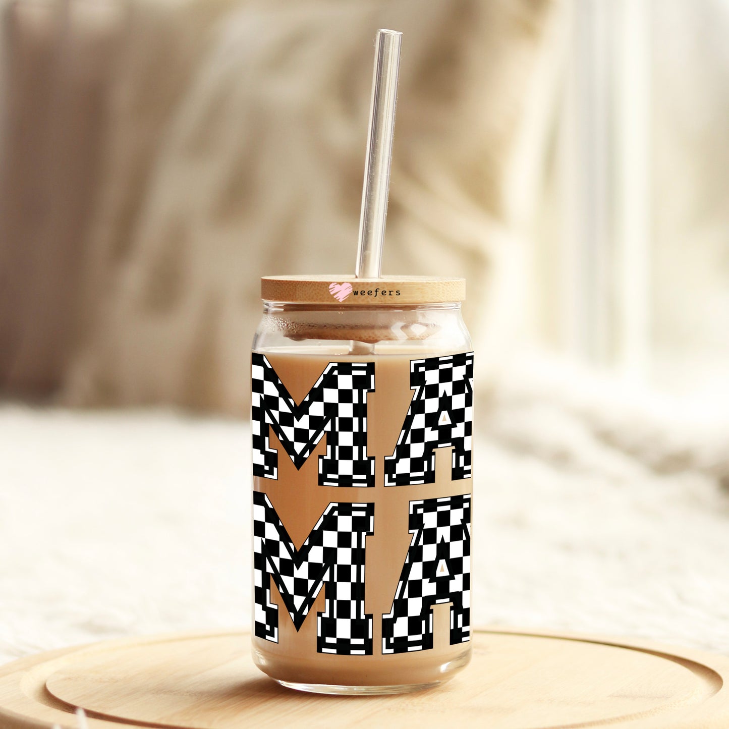 MaMa Stacked Black Checkered 16oz Libbey Glass Can UV DTF or Sublimation Wrap - Decal - Weefers