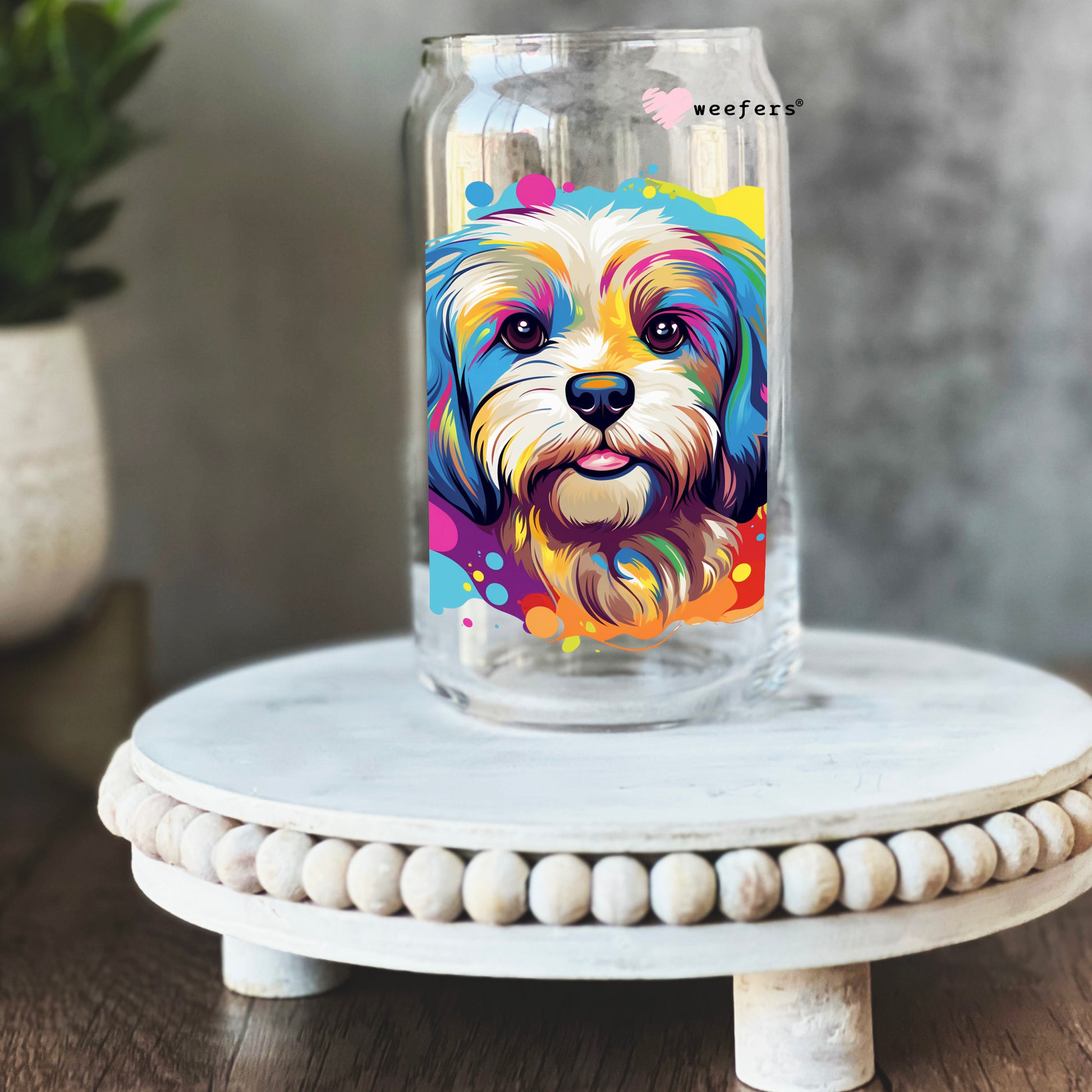 Lhasa Apso Colorful Watercolor 16oz Libbey Glass Can UV DTF or Sublimation Wrap - Decal - Weefers