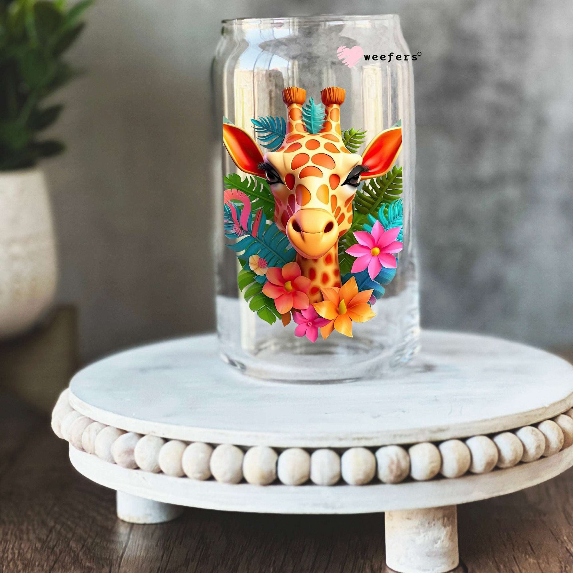 3D Giraffe Floral 16oz Libbey Glass Can UV DTF or Sublimation Cup Wrap - Decal Transfer - Weefers