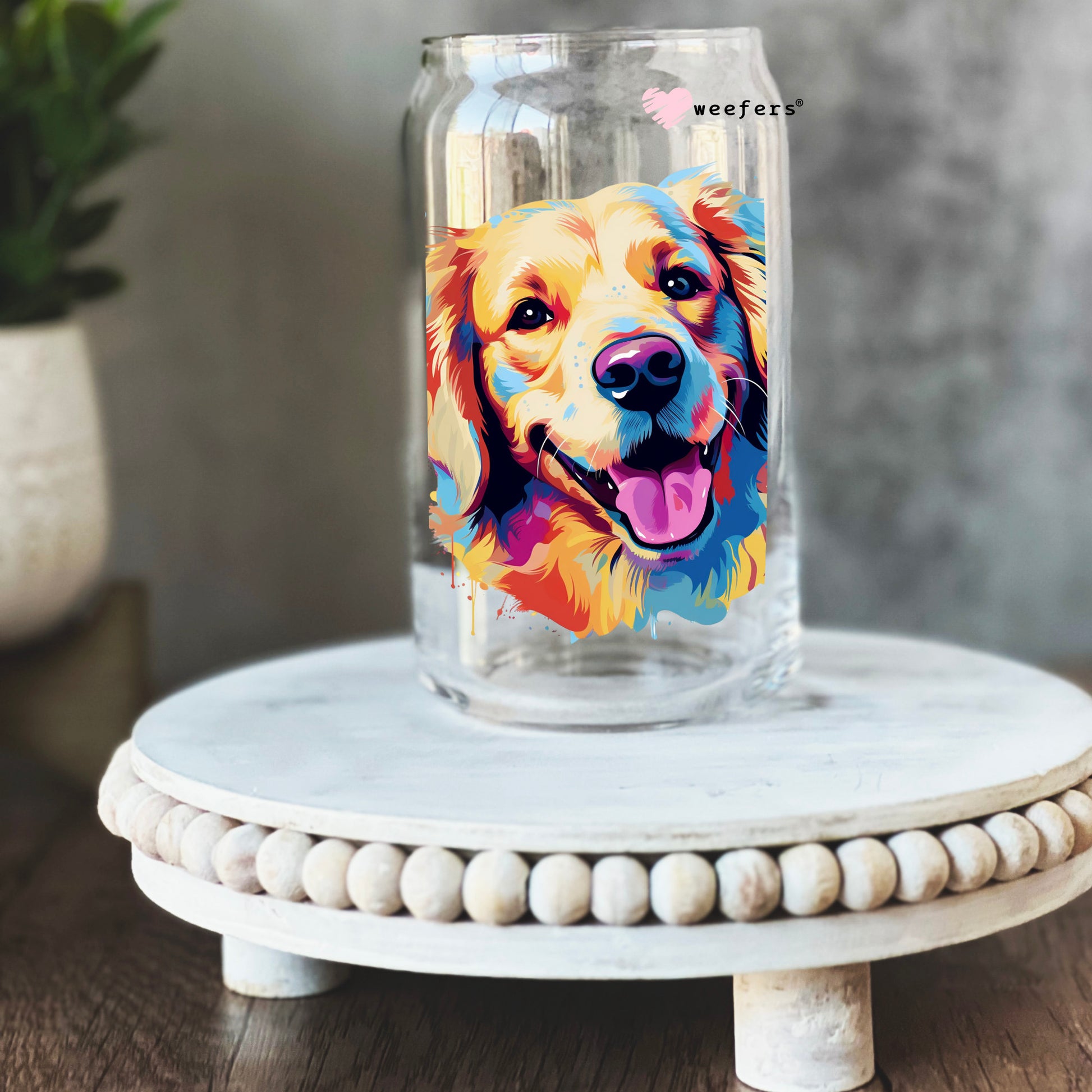 Golden Retriever Colorful Watercolor 16oz Libbey Glass Can UV DTF or Sublimation Wrap - Decal - Weefers