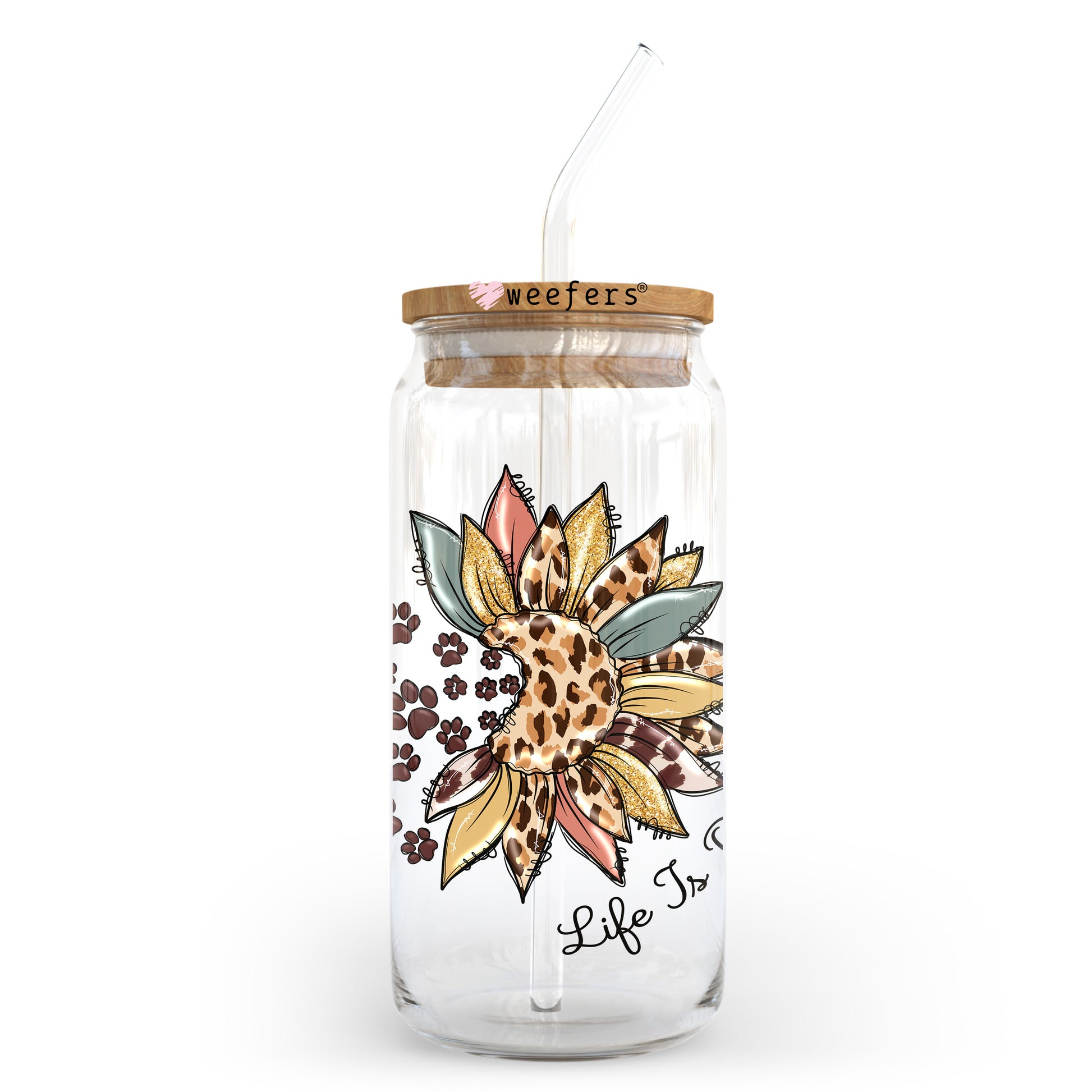 Life is Better with Dogs Sunflower Burst Paws 20oz Libbey Glass Can UV DTF or Sublimation Wrap - Decal Transfer - Weefers