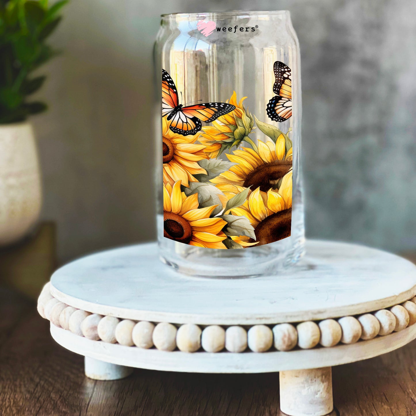 Sunflowers And Butterflies 16oz Libbey Glass Can UV DTF or Sublimation Wrap Decal Transfer - Weefers