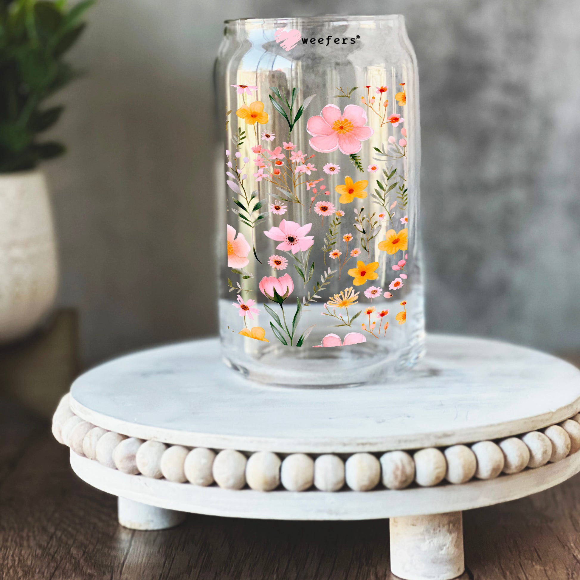 Pink Dainty Flowers 16oz Libbey Glass Can UV DTF or Sublimation Wrap - Transfer - Weefers