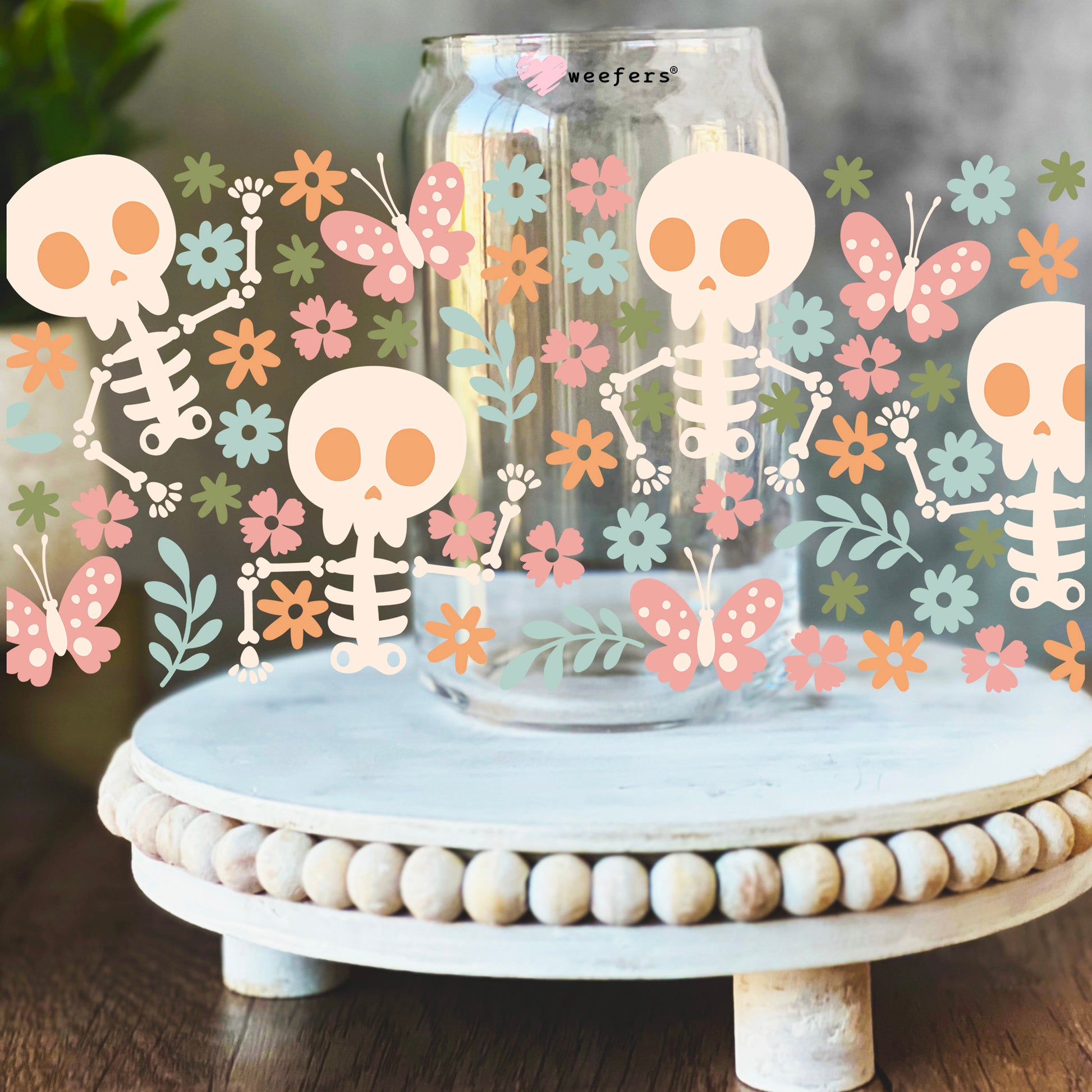 Skeletons With Flowers 16oz Libbey Glass Can UV DTF or Sublimation Wrap Decal Transfer - Weefers