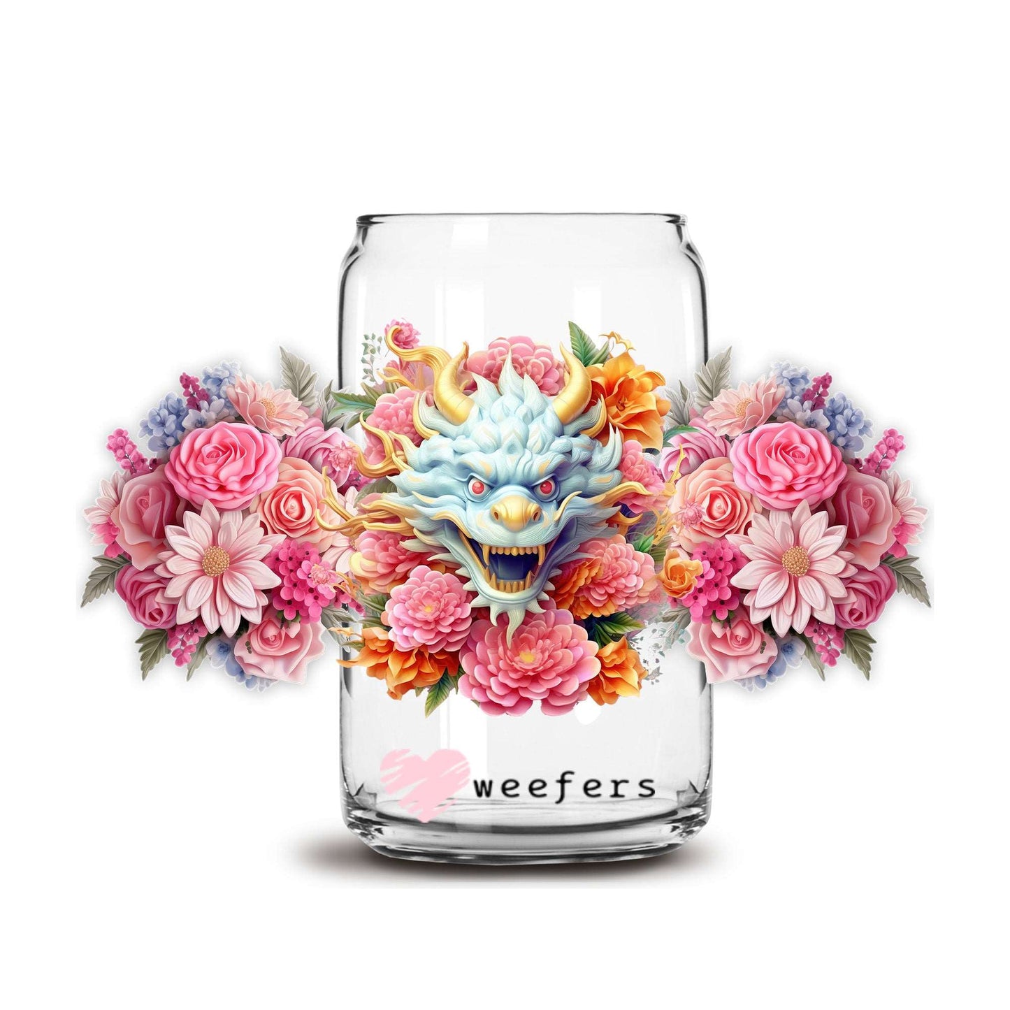 3D Dragon Floral 16oz Libbey Glass Can UV DTF or Sublimation Cup Wrap - Decal Transfer - Weefers