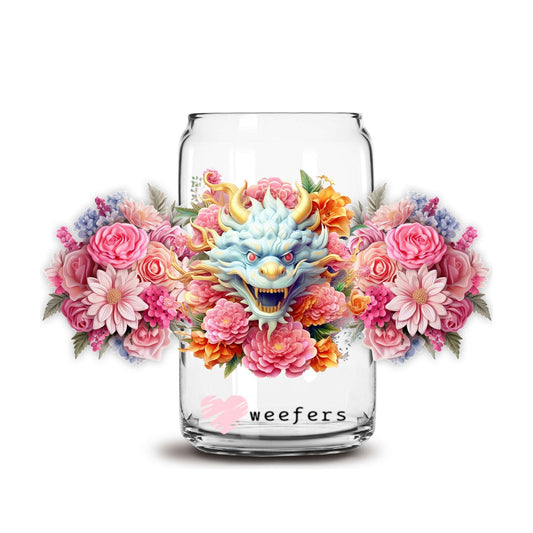 3D Dragon Floral 16oz Libbey Glass Can UV DTF or Sublimation Cup Wrap - Decal Transfer - Weefers