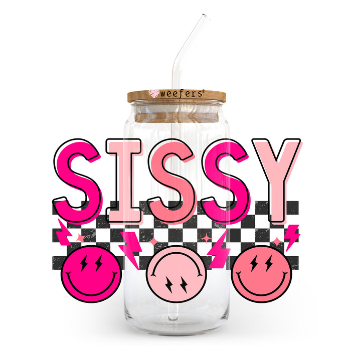 a glass jar with a straw in it that says sissy