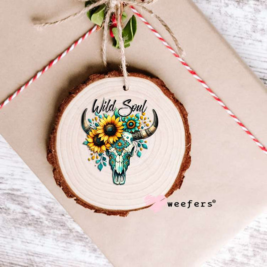 Wild Soul Teal Sunflower Cow Skull UV DTF Decal Ornament Weefers