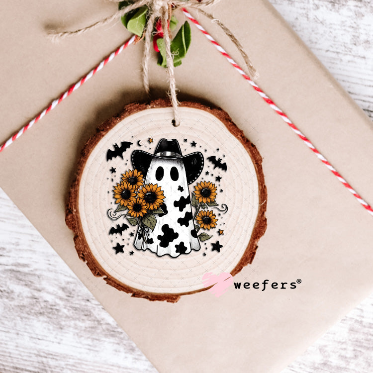 Cow Print Ghost Sunflowers Halloween UV DTF Decal Ornament Weefers
