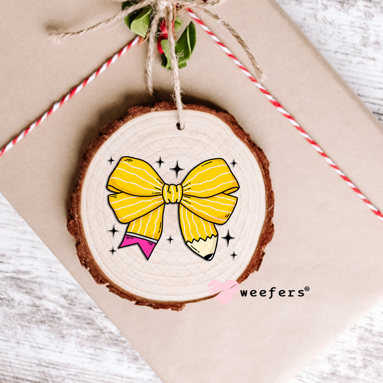 Yellow Teacher Pencil Bow UV DTF Decal Ornament Weefers