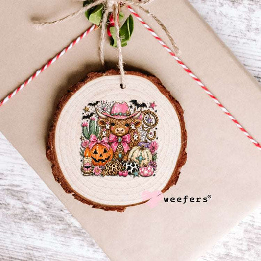 UV DTF Decal - Fall Pink Highland Cow Pumpkins Ornament Weefers