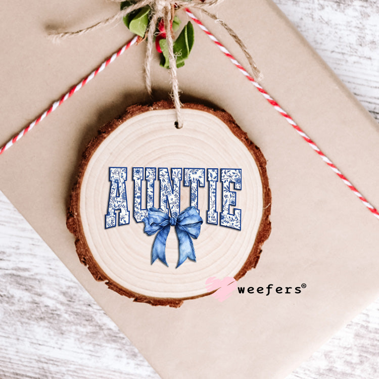 Auntie Blue Toile Bow UV DTF Ornament Decal