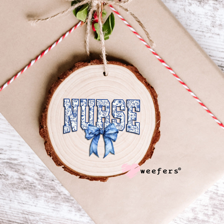 Nurse Blue Toile Bow UV DTF Ornament Decal