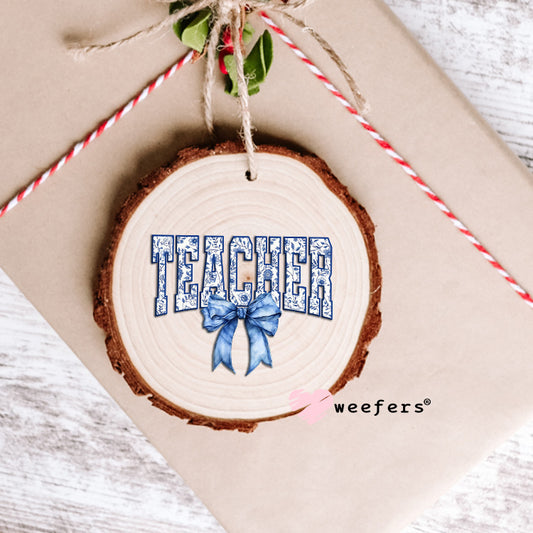 Teacher Blue Toile Bow UV DTF Decal Ornament Weefers