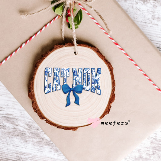 Cat Mom Blue Toile Bow UV DTF Decal Ornament Weefers