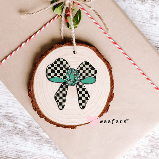 Checkered Black Bow Turquoise UV DTF Decal Ornament Weefers
