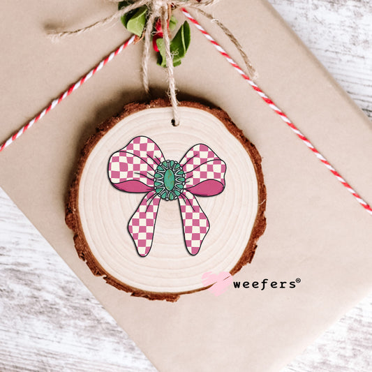 Pink Checkered Bow Turquoise UV DTF Decal Ornament Weefers