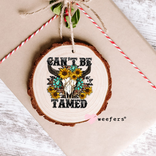 Can't Be Tamed Cow Skull Teal Flowers UV DTF Decal Ornament Weefers