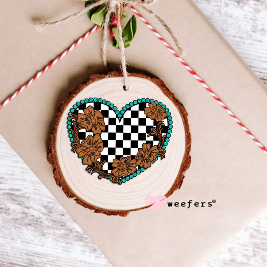 Black Brown and Turquoise Checkered Heart UV DTF Decal Ornament Weefers