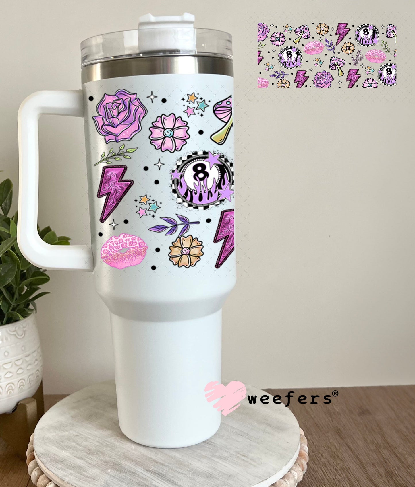 Purple Eight Ball Lightening Bolts and Roses UV DTF Cup Wrap - Weefers Exclusive Wrap 40oz Tumbler Cup Wrap Weefers
