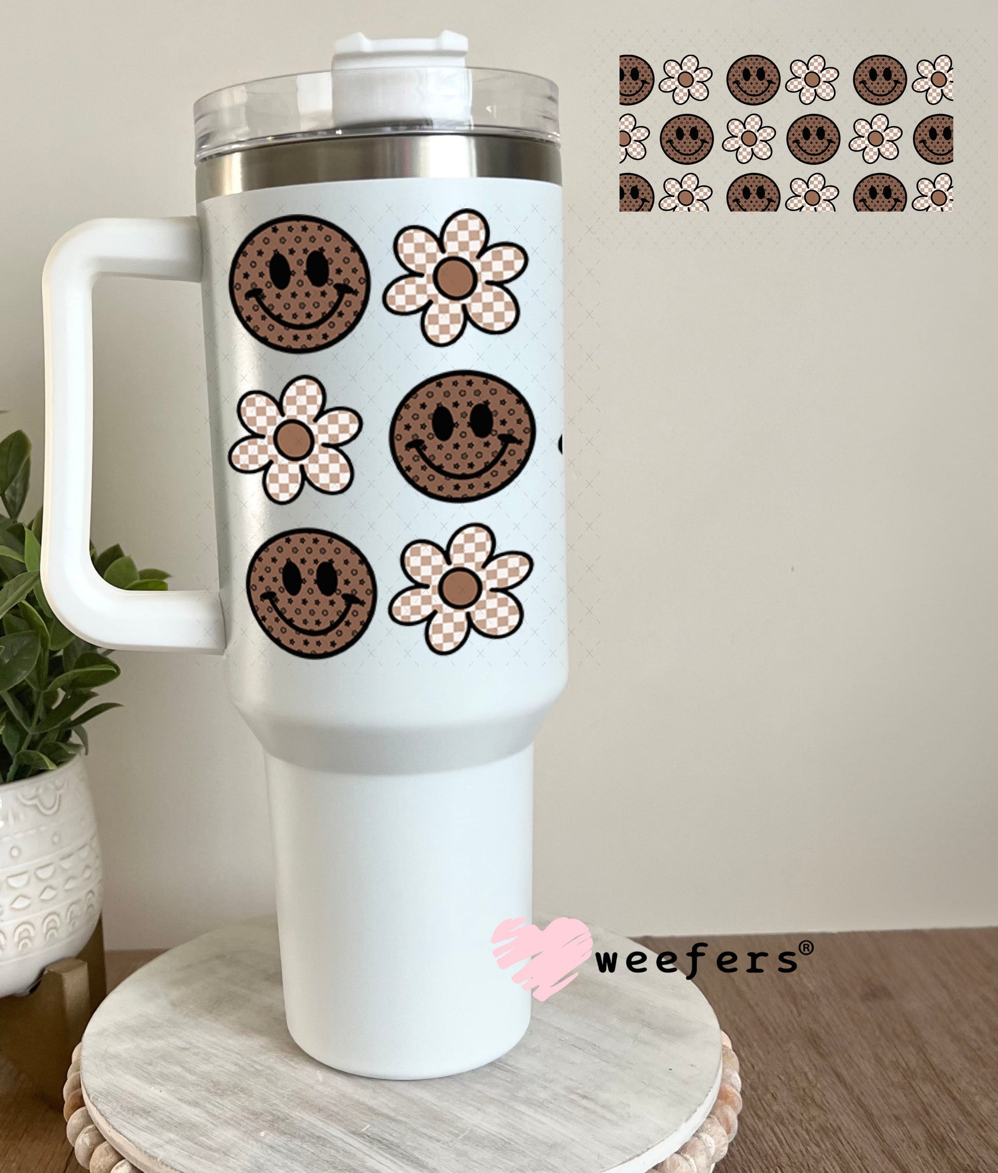 Brown Smile Faces Neutral Flowers UV DTF Cup Wrap - Weefers Exclusive Wrap Weefers
