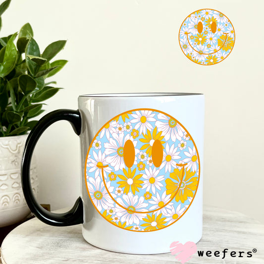Blue Yellow Floral Smile Face UV DTF Decal 11oz Coffee Mug Weefers