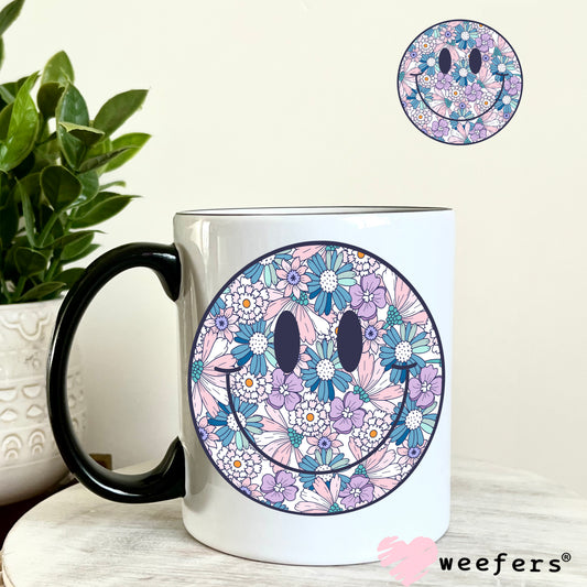 Blue Purple Floral Smile Face UV DTF Decal 11oz Coffee Mug Weefers
