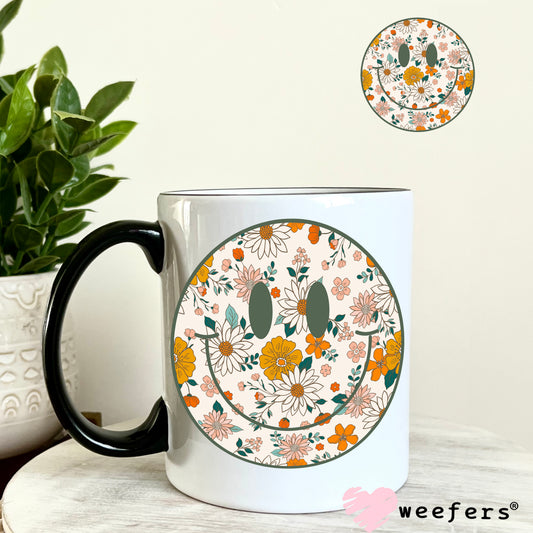 Green Orange Floral Smile Face UV DTF Decal 11oz Coffee Mug Weefers